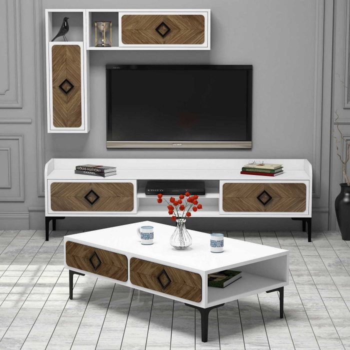 Hanah Home Samba Conjunto de Muebles de Salón - Blanco y Nogal